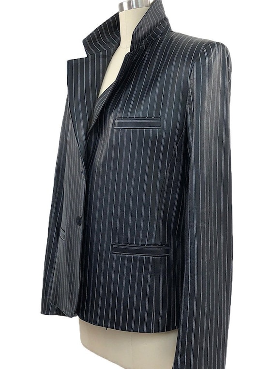 Luxurious Leather 1990s Vintage Italian Made Armani Collezioni Pinstriped Blazer/Jacket Size US 12 / IT 48 PLUS  Size