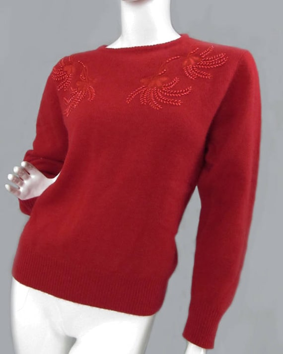 Carr and Westley Red Poppy Lambswool & Angora 1980s Sweater with Beaded Floral Accents  Plus Size (SKU 10020CL)