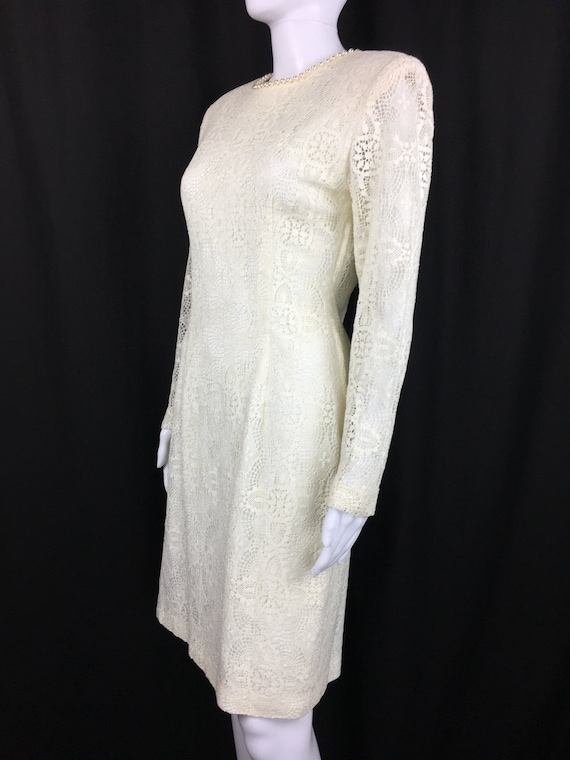 Vintage Ivory 1990s Lace Dress / Wedding Dress With Sexy Plunging Back Trimmed with Pearls  (SKU 10163CL)
