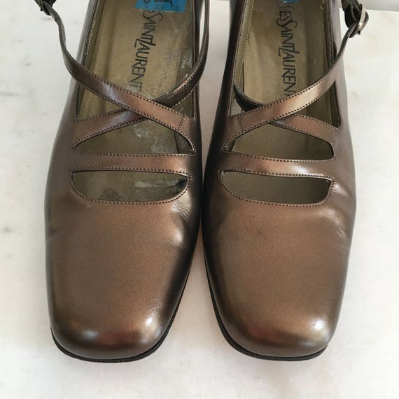 Yves Saint Laurent 1980s Bronze Metallic Square Toe Heels Pumps Excellent Condition! Size 8M  (SKU 10146SH)
