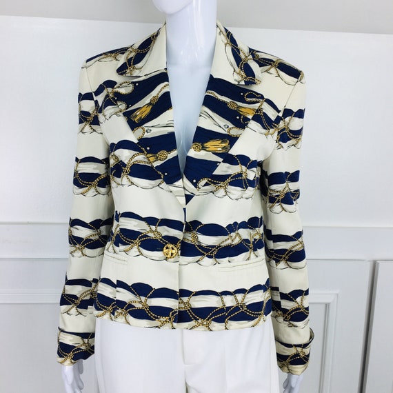 Vintage Nautical 1980s Louis Feraud Creamy Rich White and Navy Striped Blazer with Gold Tassel Rope Anchor Print Cropped Oversized Size 6