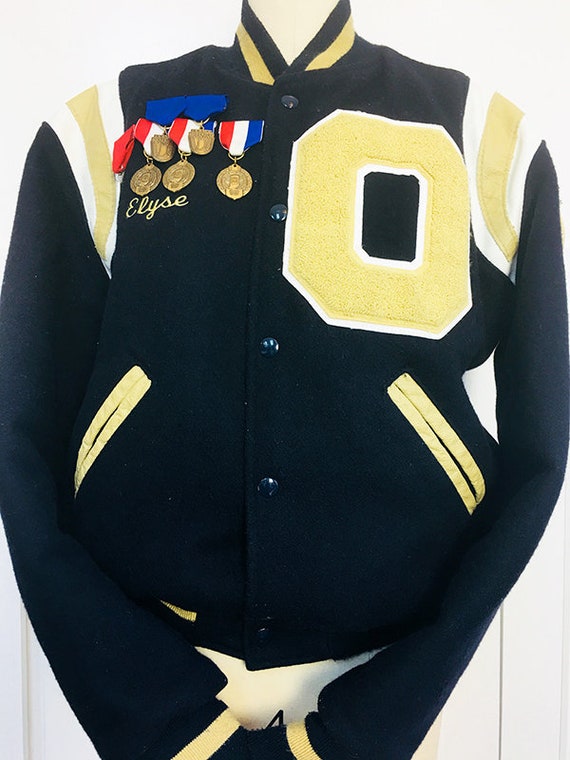 Holloway High School Fabulous Navy and Camel Band Letter Jacket / Bomber Size US Small Oversized (SKU 10565CL)