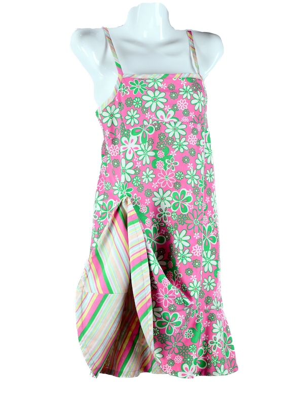 Preppy Reversible Pink Green Crazy Daisy Striped Floral Pastel Sundress - Size Medium - Large