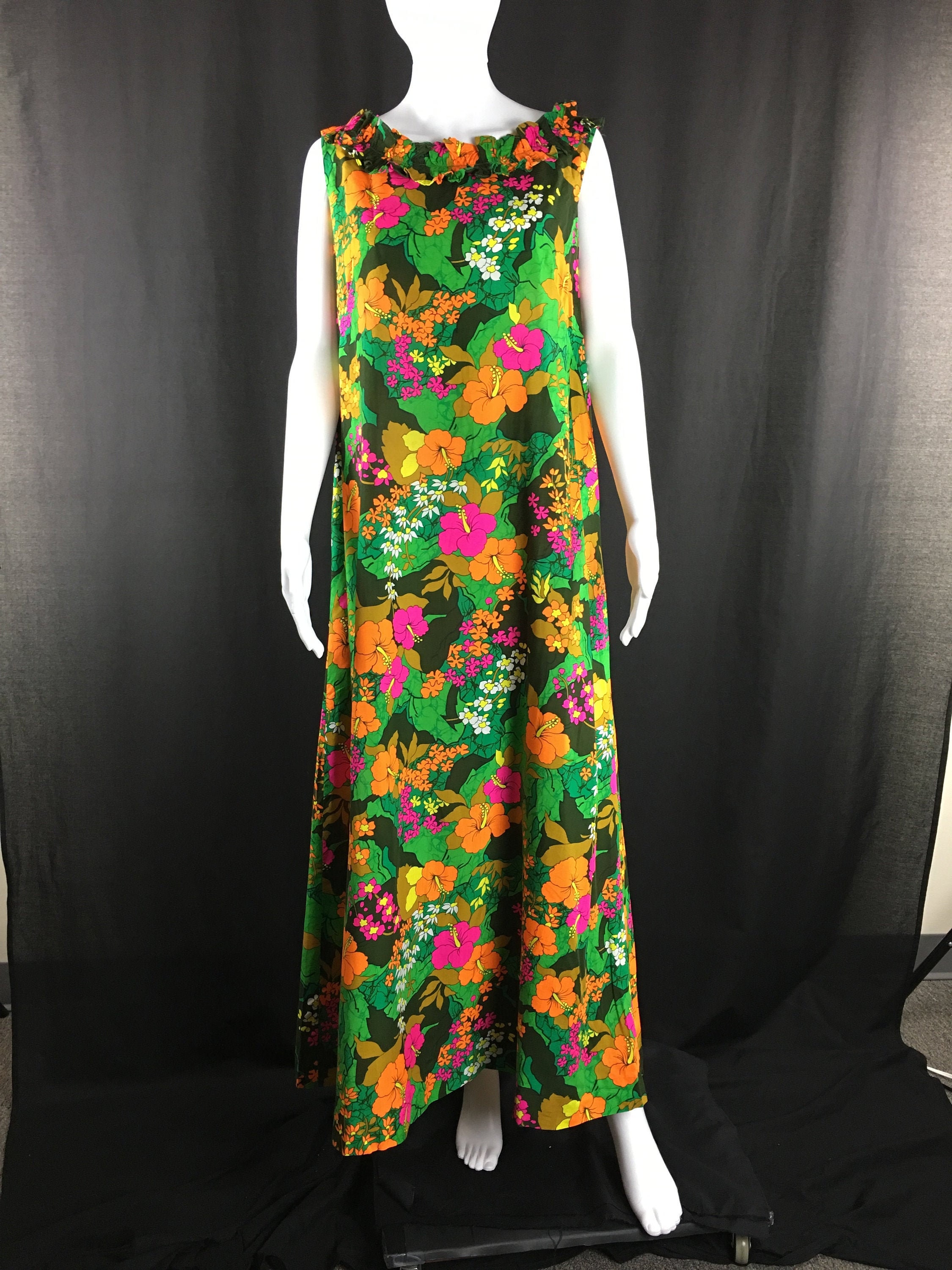 Vintage 1960s or 1970s Hawaiian Neon Floral Print Luau Sportswear Maxi ...