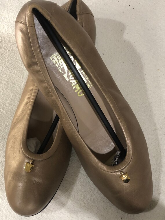 Salvatore Ferragamo Italian Crafted Vintage Gold / Bronze  Slip On Ballet Flats with Gold Logo Charms Size