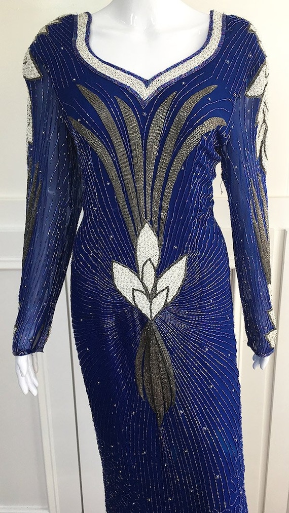 VIntage Deco Style "Dynasty" Blue / Silver Deco Style Gown Formal Hand Beaded In India  Size Small to Medium
