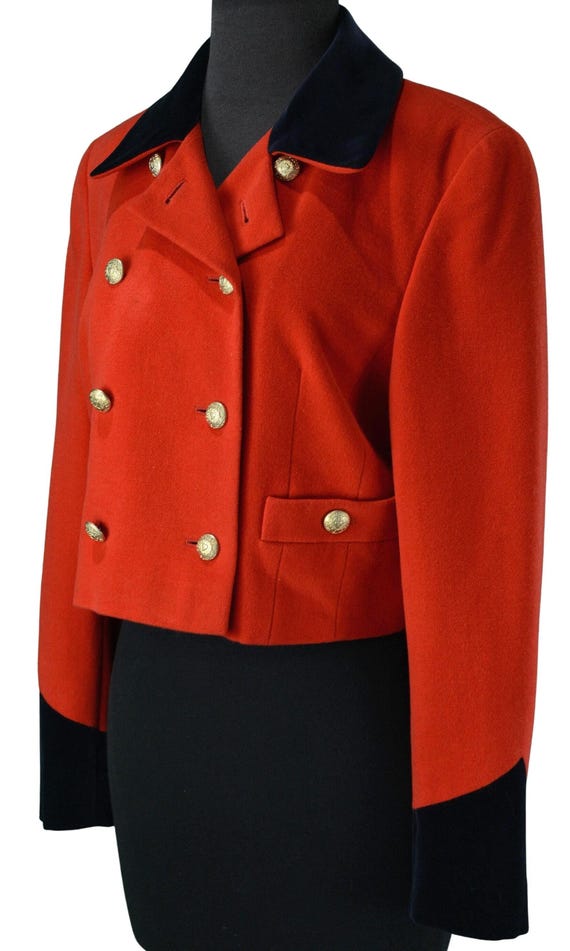 1990s Escada Double Breasted Bright Red Cashmere Blend Cropped Military Blazer with Black Velvet Trim - Size FR 38