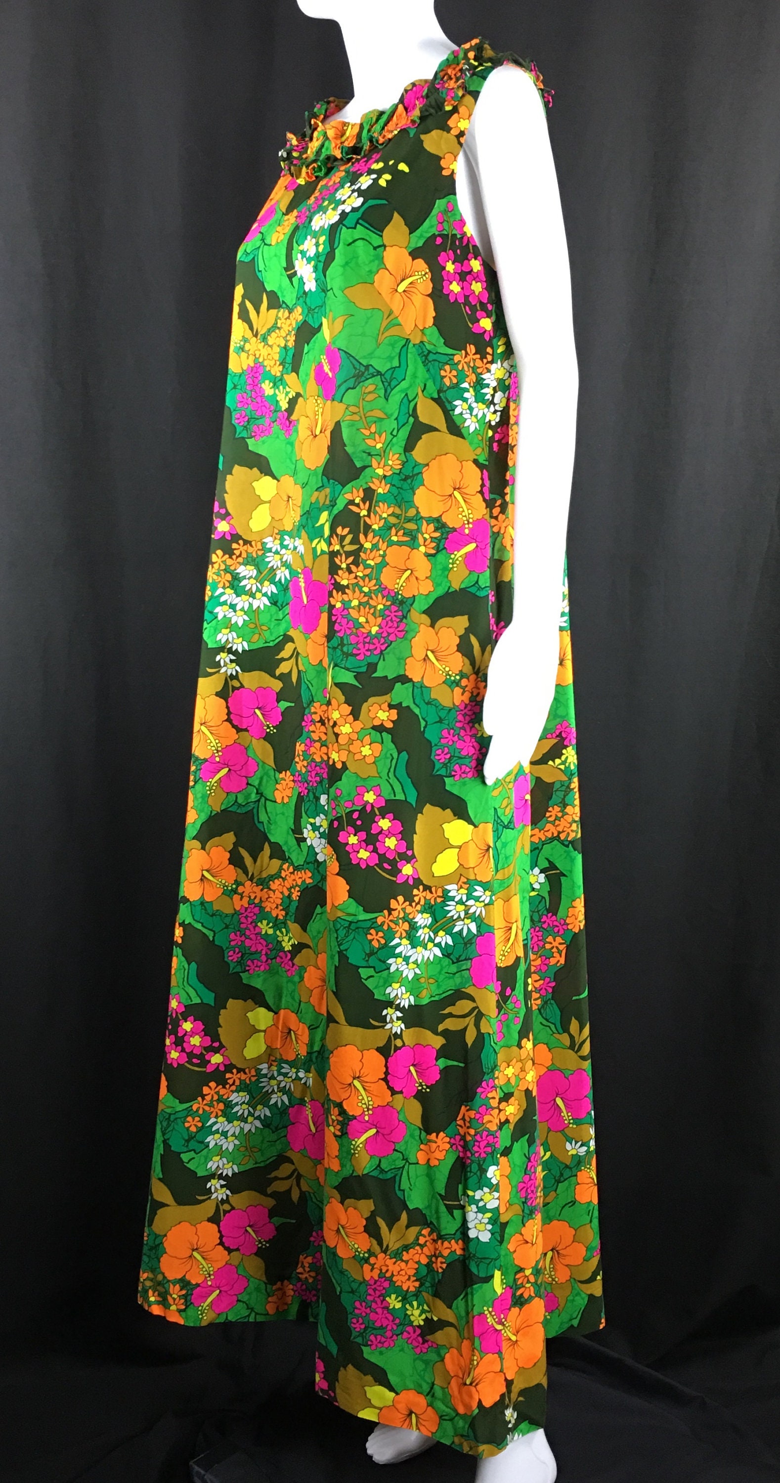 Vintage 1960s or 1970s Hawaiian Neon Floral Print Luau Sportswear Maxi ...