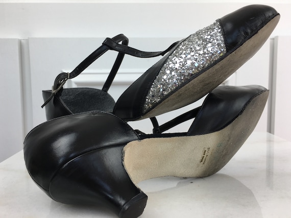 Coast Black T-Strap Closed Toe Dance Heels with Silver Glitter Toe -  Size US 8.5M