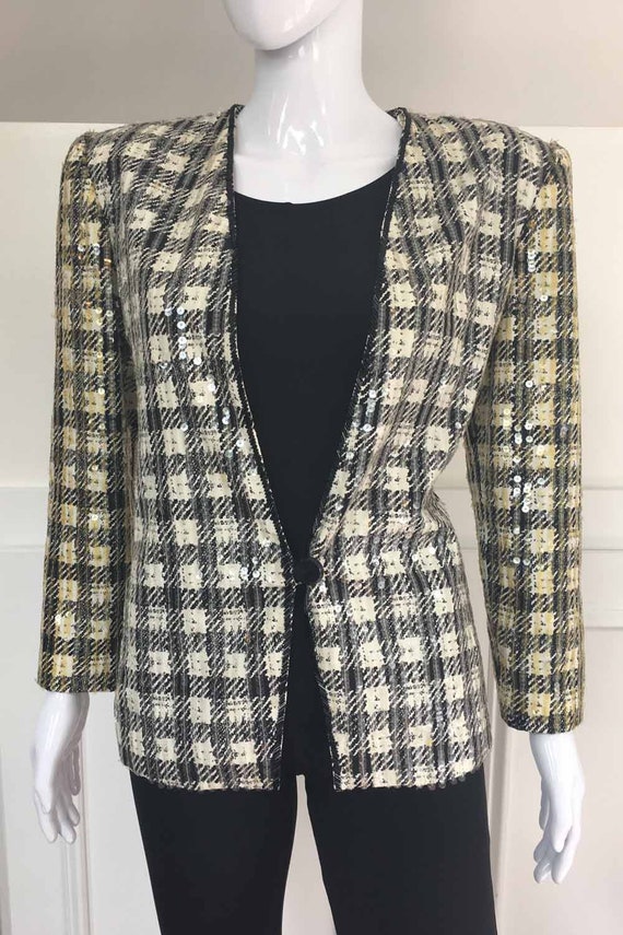 Sequined Vintage Nolan Miller 1990s Hounds Tooth Blazer Jacket Size 6 (SKU 10157CL)