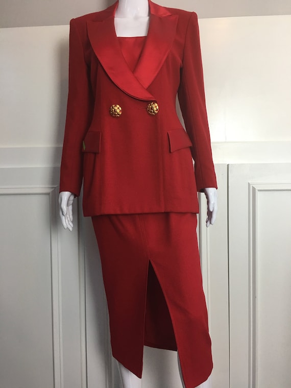 Red Wool Silk Blend Satin Noviello Bloom Tuxedo Cocktail Evening Skirt Suit with Oversized Red and Gold Rhinestone Buttons Size 2