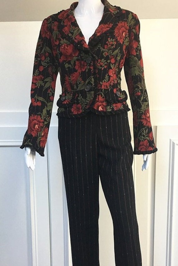 1990s Y2K  Escada Wool Velvet Velveteen Pant Suit in Black Burgundy Green Fall Floral over a Red Metallic Lurex Pinstripe - FR Size 38