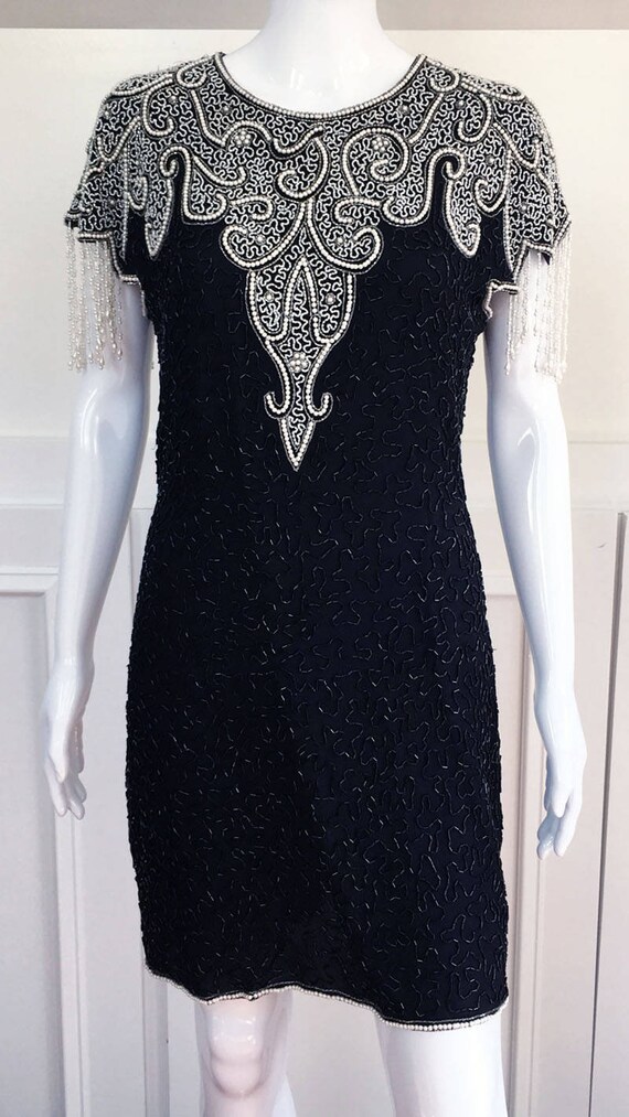 Vintage Deco Look Beaded  Faux Pearl 1980s Scala Beaded Fringed Silk Cocktail Party Dress  Size Petite Large