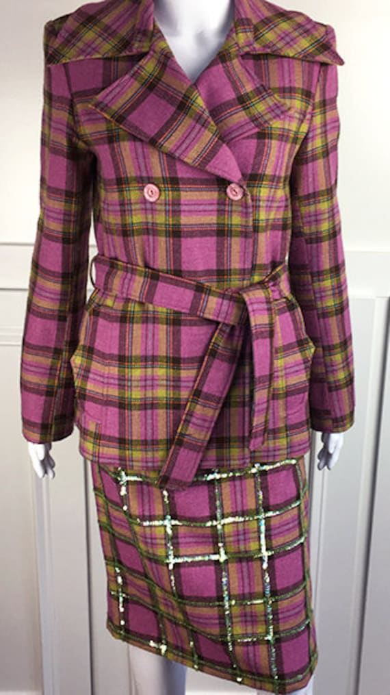 Lorena Conti Paris French Made Lavender and Green Plaid Self Tie Vintage Blazer with Matching Sequined Skirt  (SKU 10601CL)