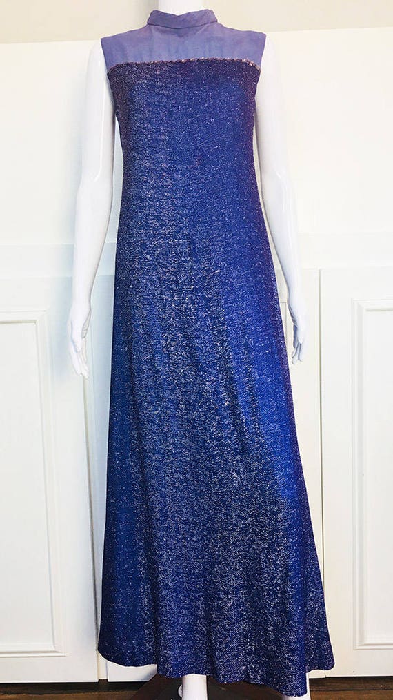 MOD VIntage 1970s Sleeveless Mock Neck Purple Lurex A-Line Sparkling Gown  (SKU 10562CL)