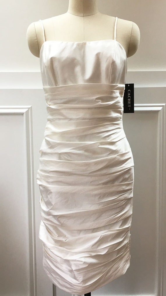 Y2K 1990s White Cachet Raw Silk Blend Ruched Spaghetti Strap Strapless Cocktail / Wedding Dress - US  Size 6