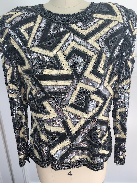 1980s Black Tie by He-Ro Heavily Beaded and Sequined Silver and Cream Art Deco / Abstract Top Size Large (SKU 10158CL)