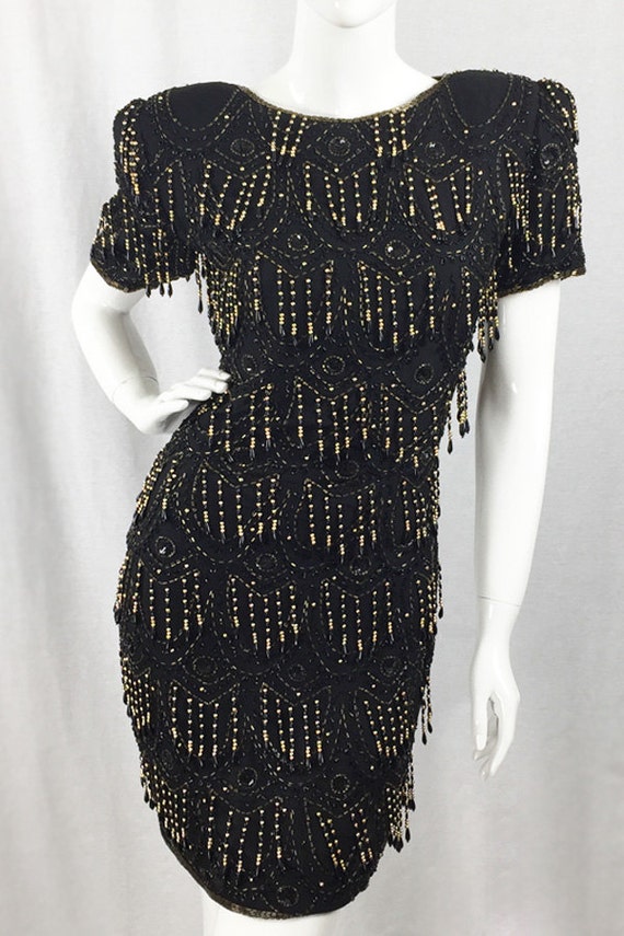 Jagswear Silk Black & Gold Hand Beaded and Fringed 1980s Cocktail Dress Size Medium (SKU 10049CL)