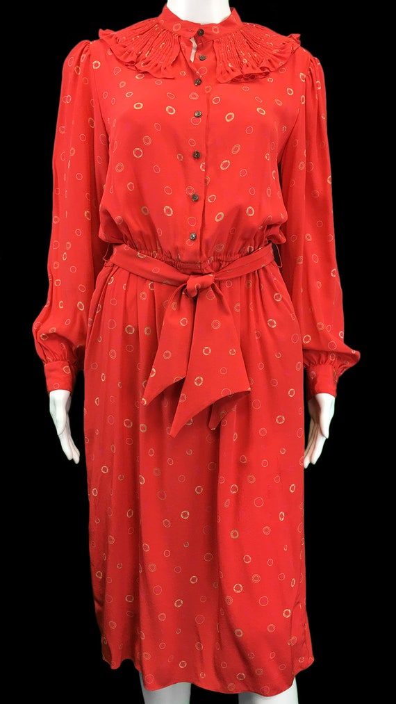 Zandra Rhodes Incredible Coral Red Silk Golden Circle Print Vintage Shirt Dress with Matching Tie Belt (10054CL)