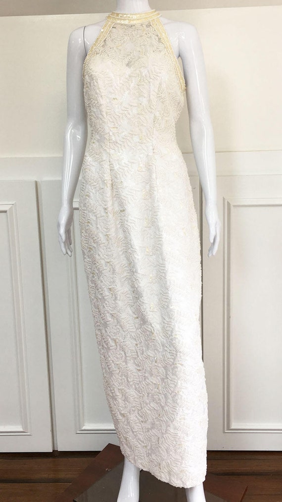 White Heavily Hand Beaded 1990s Wedding Bridal Evening Gown By Mary’s Size 12 (SKU 10222CL)