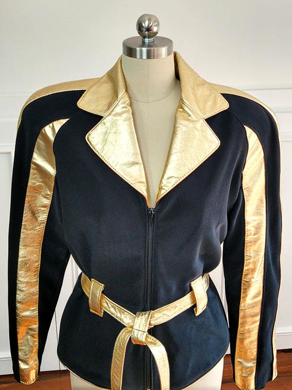 1980s Vintage Gold Leather Trimmed Black Glam Roc… - image 4