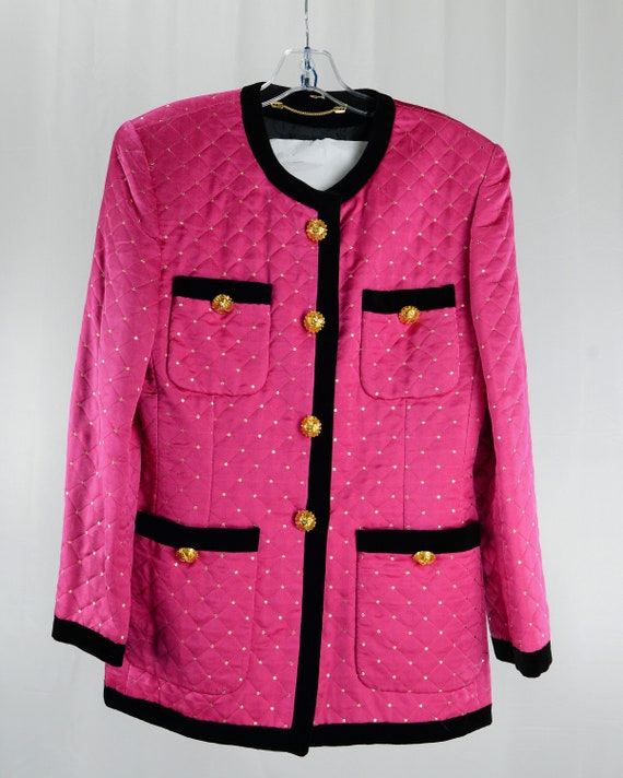 1990s Hot Pink and Gold Metallic Escada Quilted Silk Blend Skirt Suit - Size FR 38