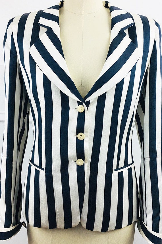 Vintage 1990s Armani Collezioni Navy and White Striped Silk Blazer Size EU 44 (SKU 10721CL )