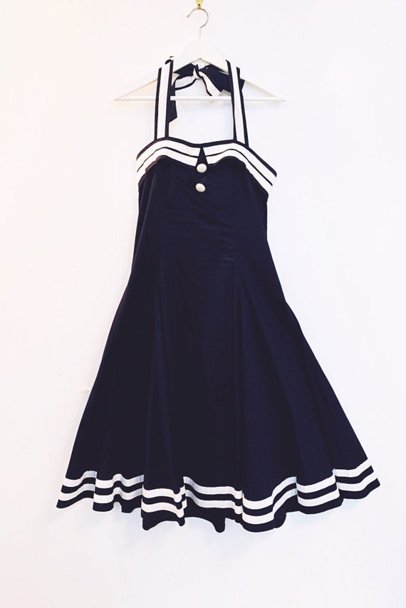 1940s Style Navy White Fit and Flare Sailor Nautical Halter Dress by Collectif London UK Size 14 US 10 - 12