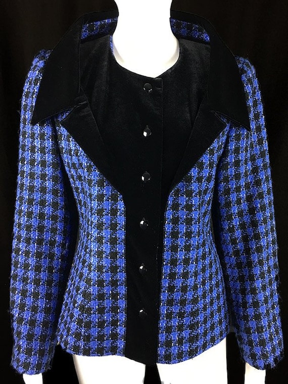 Edgar Vos Luxe Blue Black and Gold Metallic Houndstooth Blazer Size EU 36  (SKU 10422CL)