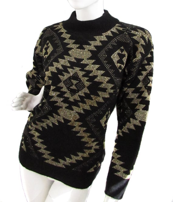Alicia Black & Gold Lurex Geometric Pattern Mock Turtleneck 1980s Sweater Plus Size (SKU 10017CL)