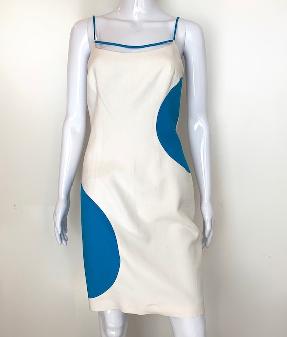 1990s David Meister Mod Polka Dot Turquoise & White Linen Blend Sleeveless Dress - Size 2