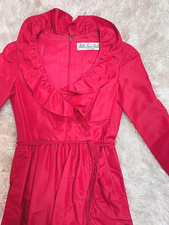 1970s Mollie Parnis Boutique BarbieCore Hot Pink Ruffled Wrap Hostess Maxi Gown Size 8