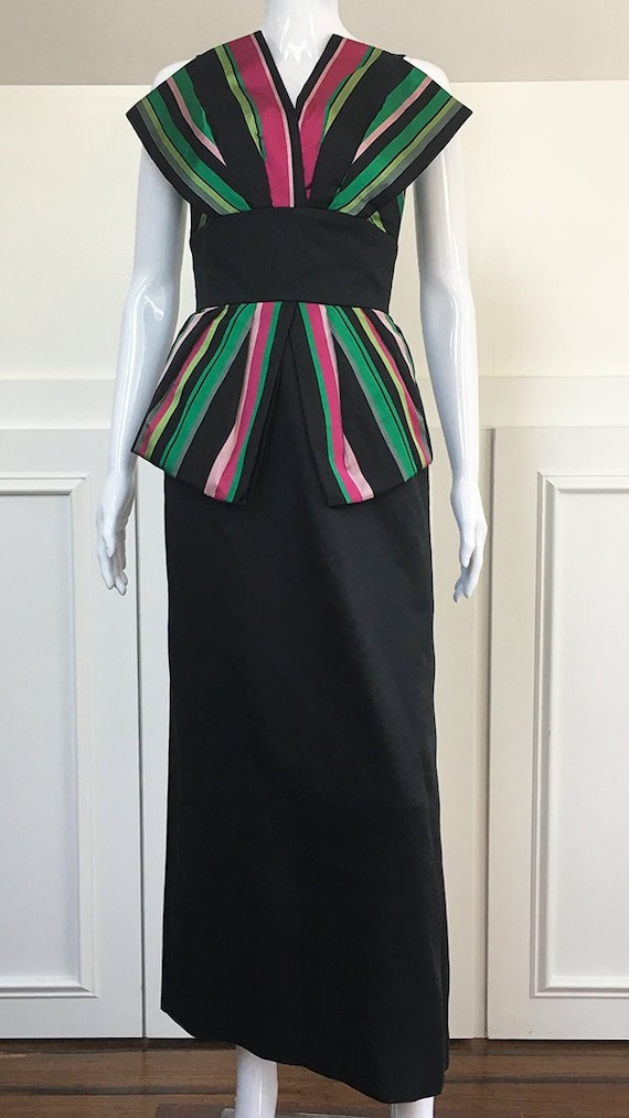 Victor Costa Gown Black Pink Green Striped Gown (S