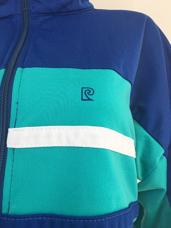 1970s Pierre Cardin Logo Blue Turquoise White Color Block Warm Up Track Jacket Athletic Men's Large / Womens PLUS
