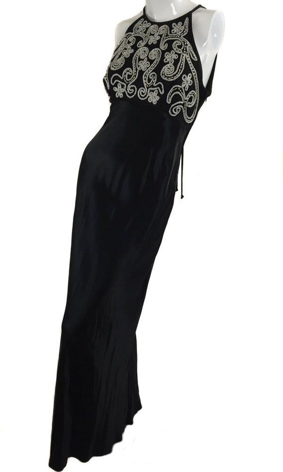 Zum Zum Black Sexy Satin Backless 1990s Halter Evening Gown with Embroidered and Beaded Bodice (SKU 10031CL)