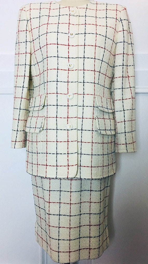 Classic Cool Emanuel Ungaro Collection White Red and Blue 1980s Skirt Suit  Size FR 44