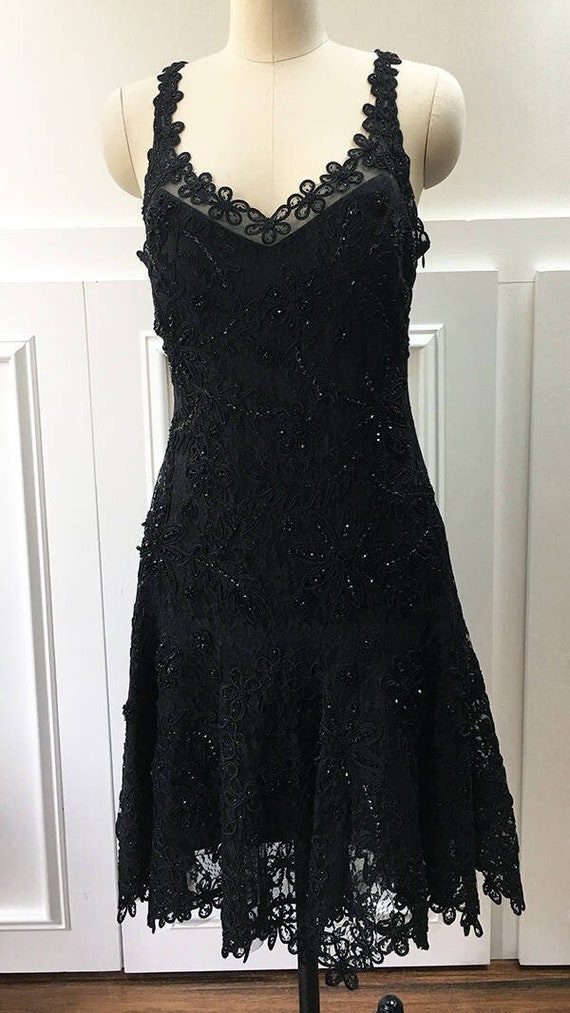 Y2K Early 2000s Sleeveless Lillie Rubin Black Lace Sequined Fit and Flare Cocktail Party Prom Dress Size 8