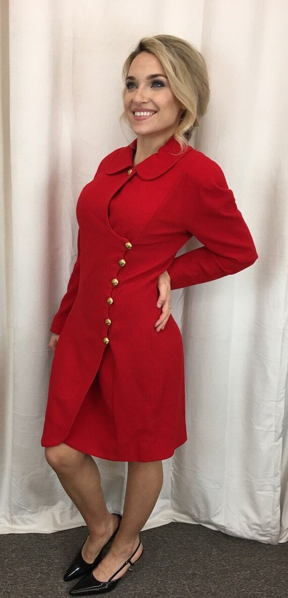 Pristine 1980s Vintage Chanel Boutique Red Wool Dress Silk Lining Distinctive Chanel Gold Tone Buttons Made in Paris