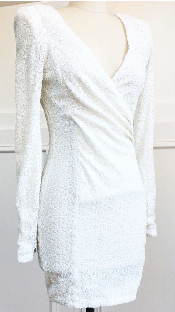 Y2K Early 2000's Sexy BodyCon Armani Exchange White Faux Wrap Fully Sequined Cocktail PartyDress Dead Stock Size US 6 / UK 10