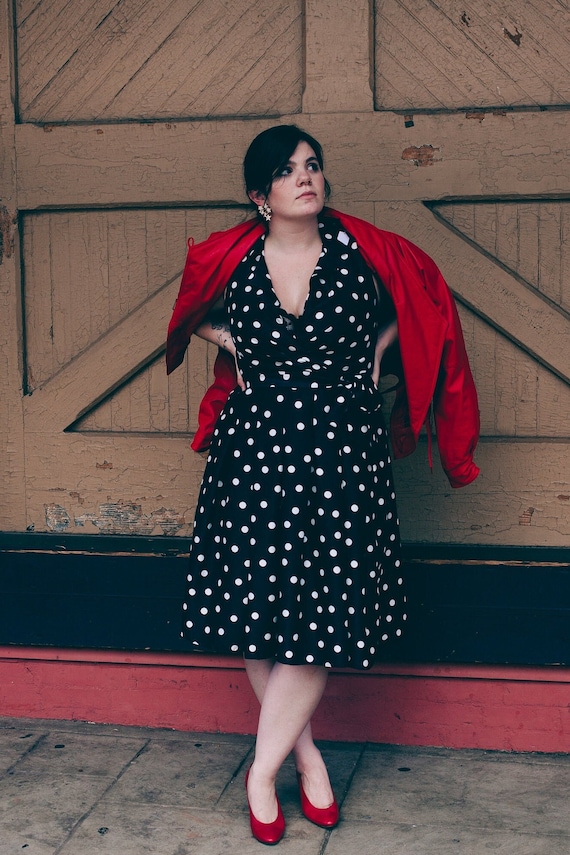 Early 1980s Jessica Howard  Black and White Polka Dot Swing Dress - Size 14 / PLUS Size