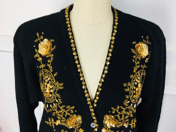 Alfred Dunner Black and Gold Plus Size Sequined and Beaded 1990s Cardigan Sweater Plus! (SKU 10585)