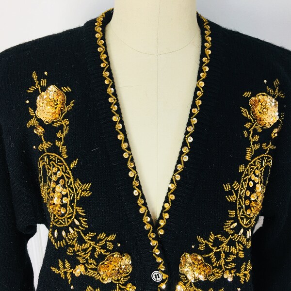 Alfred Dunner Black and Gold Plus Size Sequined and Beaded 1990s Cardigan Sweater Plus! (SKU 10585)