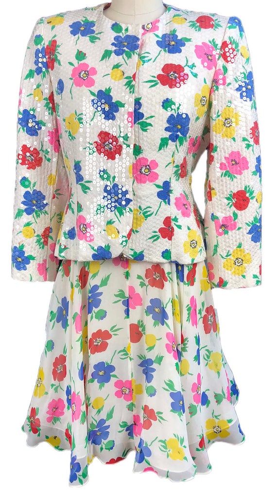 1980s Scassi Boutique Floral Sequined Fit and Flare Dress & Matching Jacket Size Large / XL / PLUS