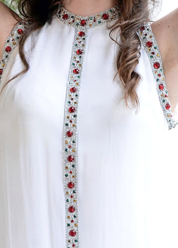 Chic Minimalist 1960s Emma Domb White MOD Grecian Hostess Cocktail Formal Gown with Red Green Gold Rhinestones - Size US 9