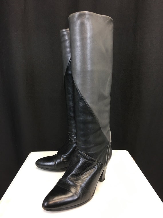 Vintage Dior Boots!  IOB! Two-Tone Black Gray Leather Tall Wide Shaft 1980s / 1990s  "Delly" Boots - Size US 7.5B