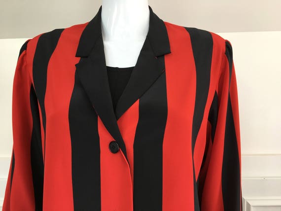 Bold Vertical Black and Red Striped Albert Nipon Blouse 1980s Size 12 (SKU 10207CL)