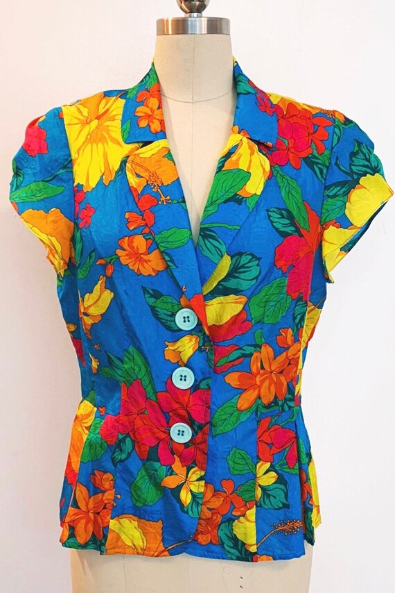 1990s Tropical Hawaiian Print Bright Blue Orange Red Yellow Nanette Lepore 100% Silk Blouse Jacket Made in USA - US Size 10