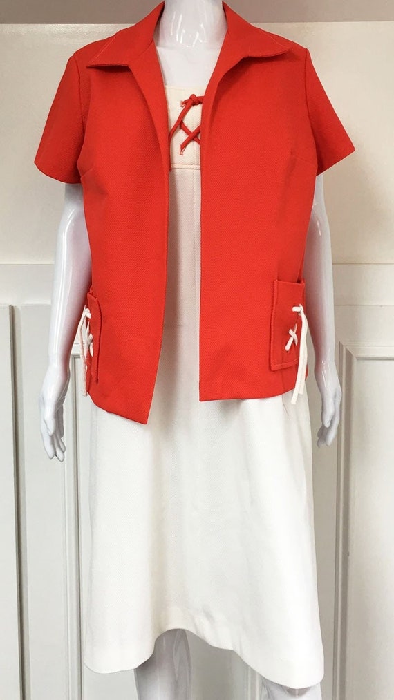 1970s Like New Nautical 2 Piece White Summer Dress Criss Cross Red Lacings and Tomato Red Matching Jacket - PLUS Size!