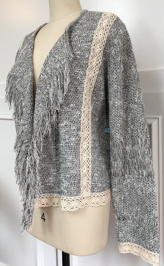 Y2K Beautifully Crafted Mary McFadden Collection BOHO Fringed Knit Sweater Jacket—Size Large / PLUS