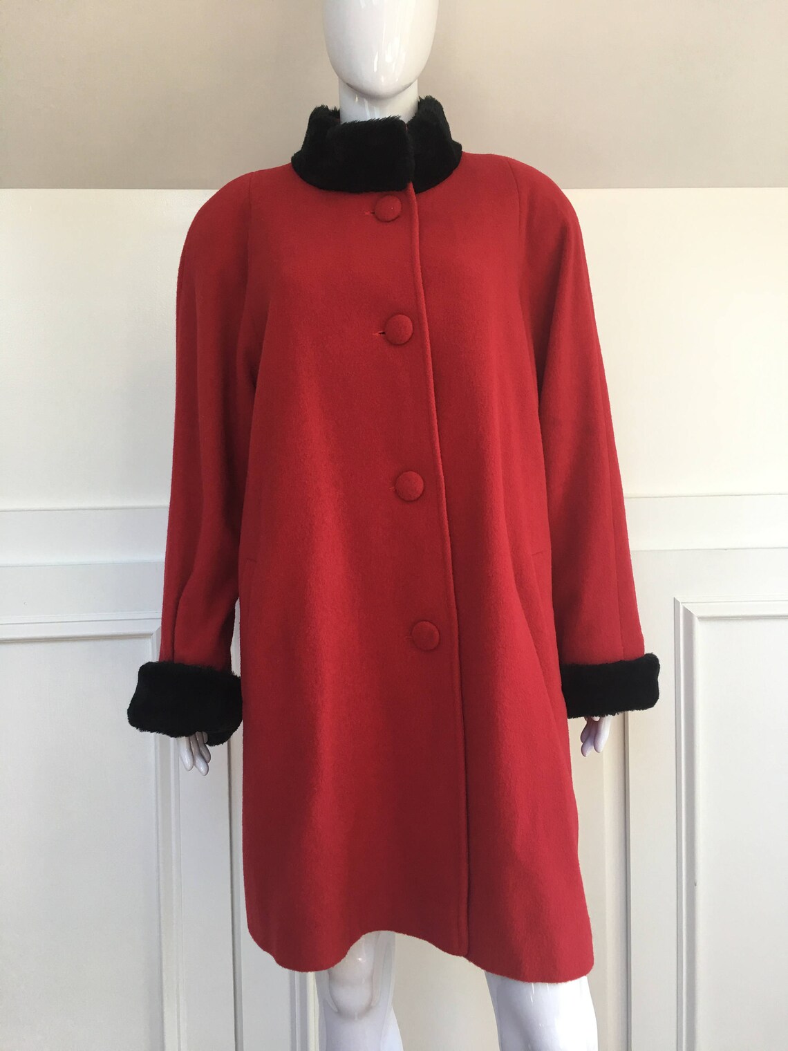Albert Nipon Red Wool 1980s Swing Coat With Black Standing - Etsy